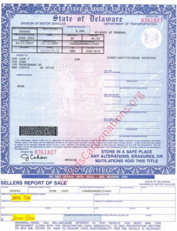This is an Example of Delaware Certificate of Title To Motor Vehicle (2008) Front View | Kids Car Donations