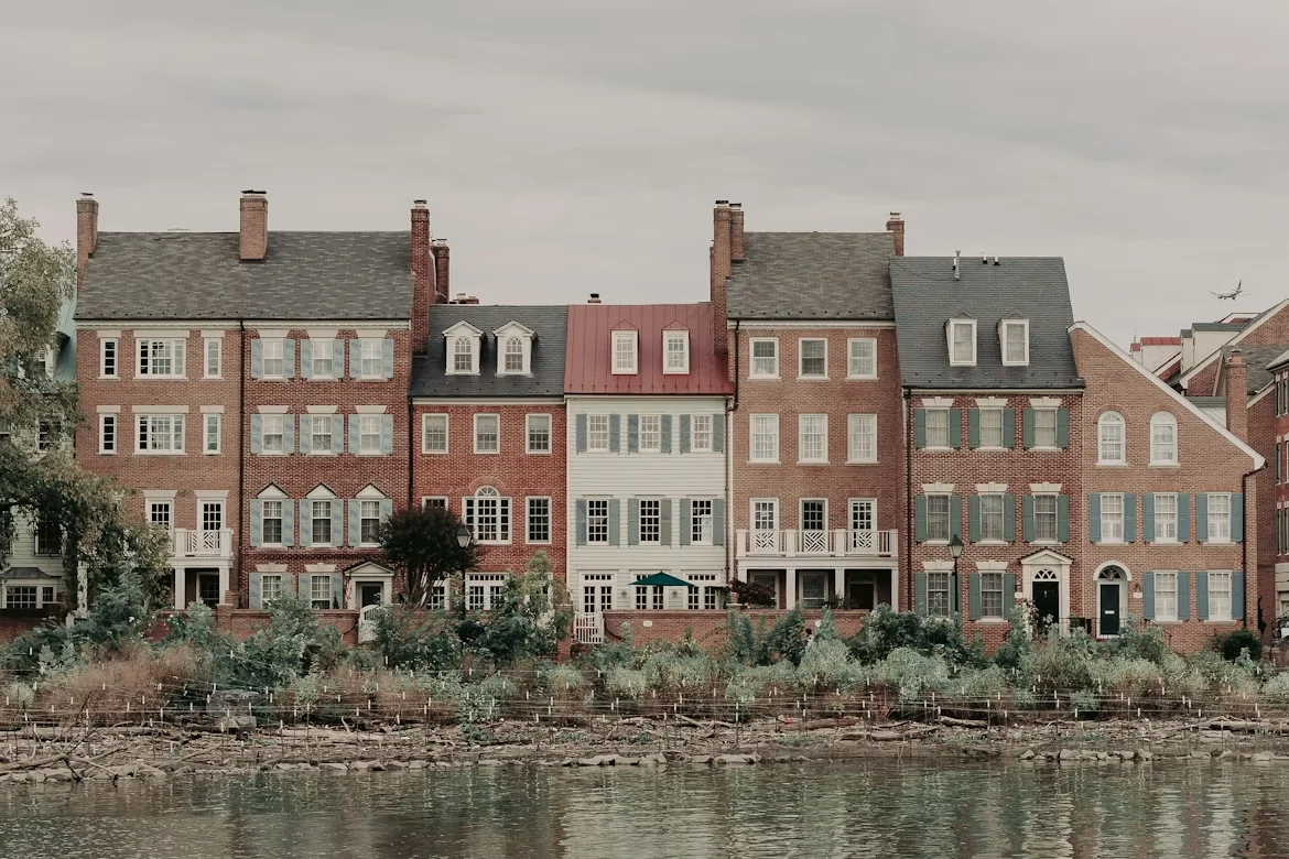 Red-brick waterfront buildings along the Potomac River in Alexandria, Virginia