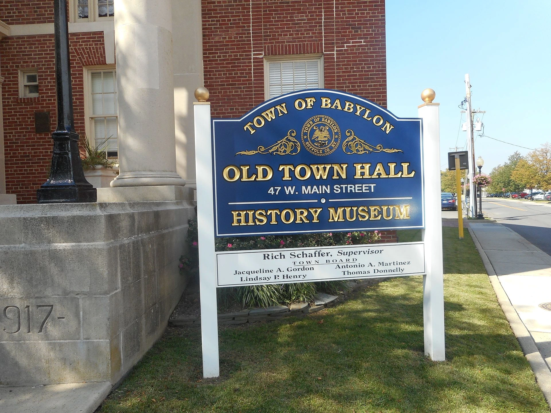 Babylon Town Hall front sign in the Village of Babylon, New York