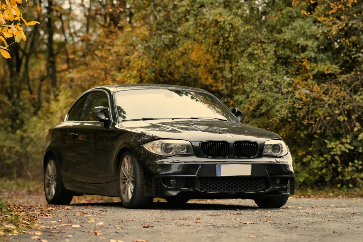 Black BMW parked on the side of a road