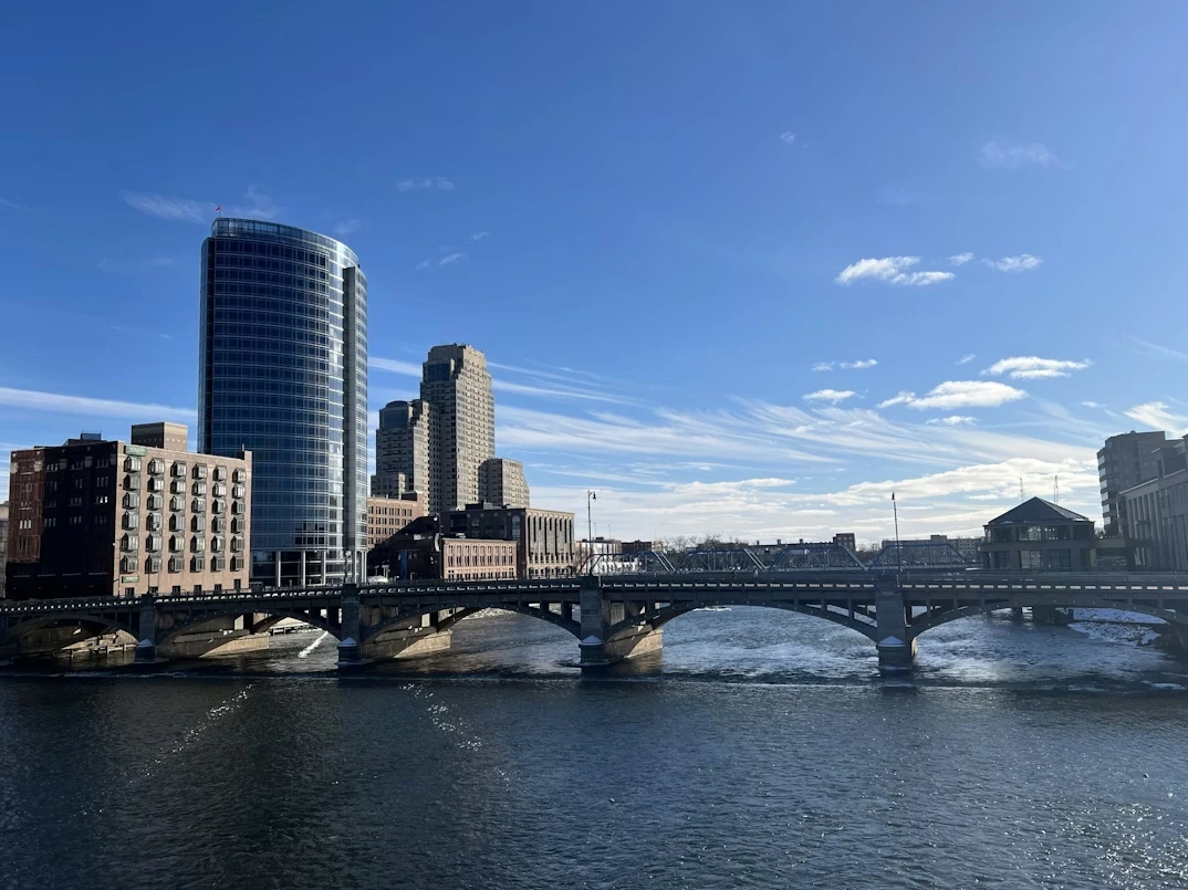 View of Grand Rapids from a bridge over the Grand River in Grand Rapids, Michigan