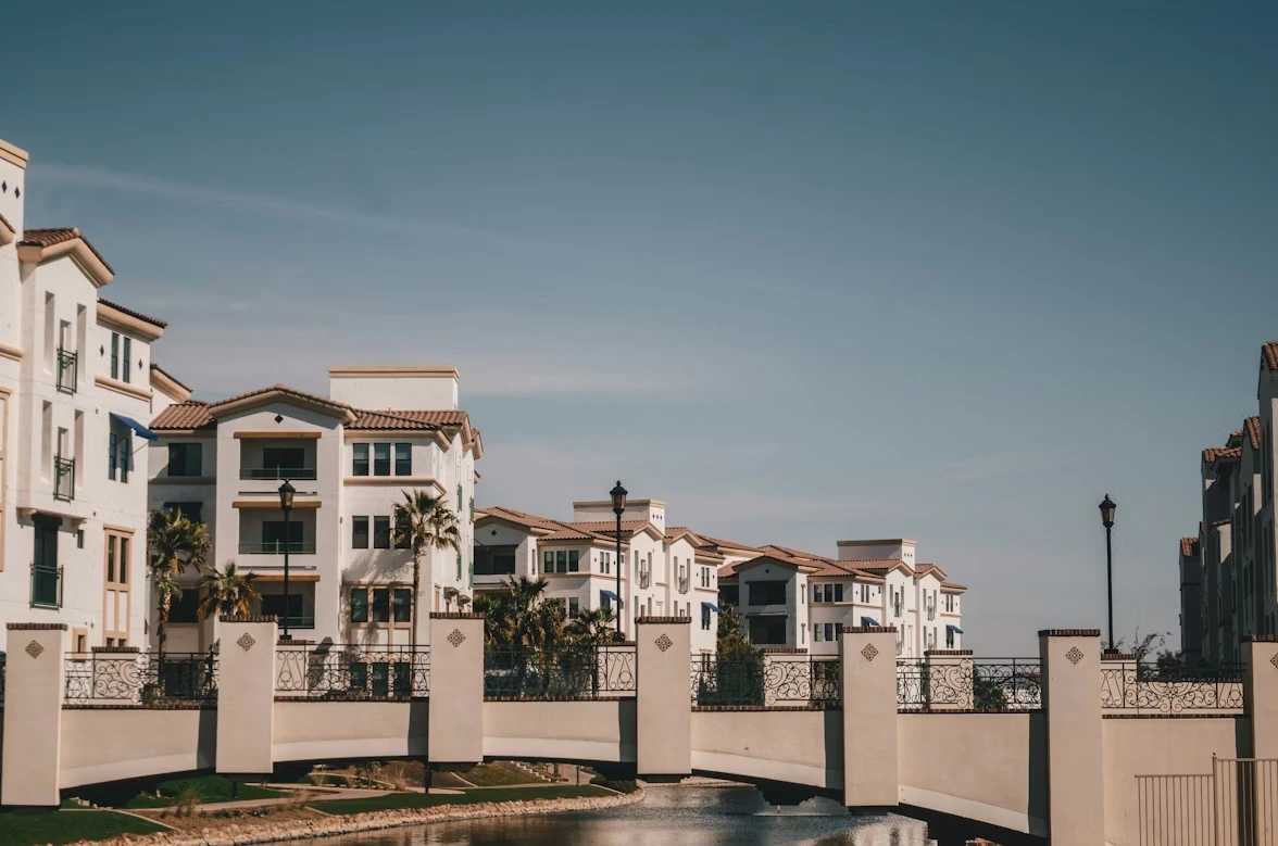 Bridge over water with buildings in the background in Chandler, Arizona
