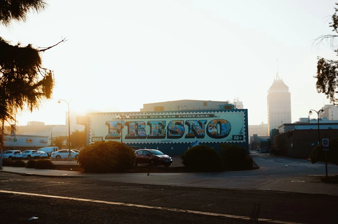 Building with vintage roadside sign in Fresno, California