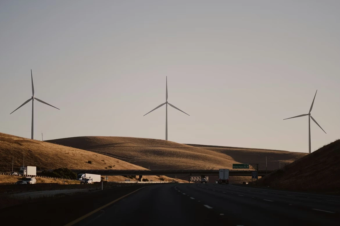 Highway with wind turbines in Stockton, California