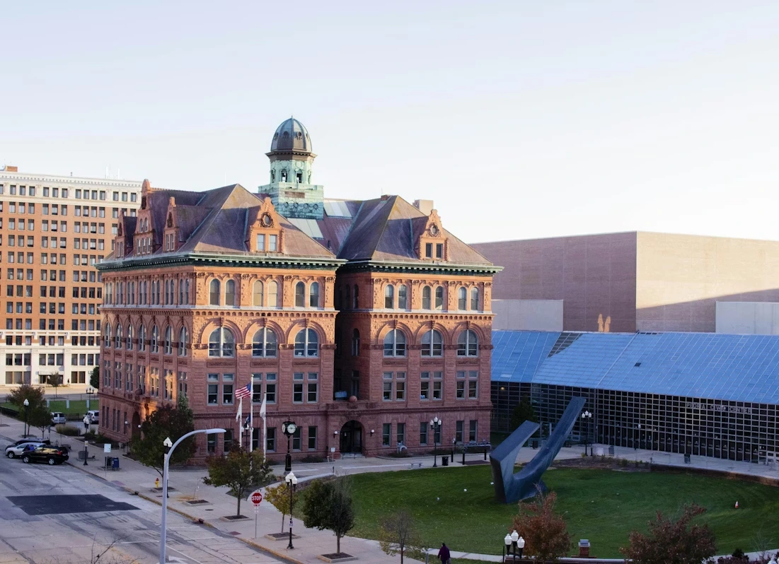 Large building with a clock tower in downtown Peoria, Illinois