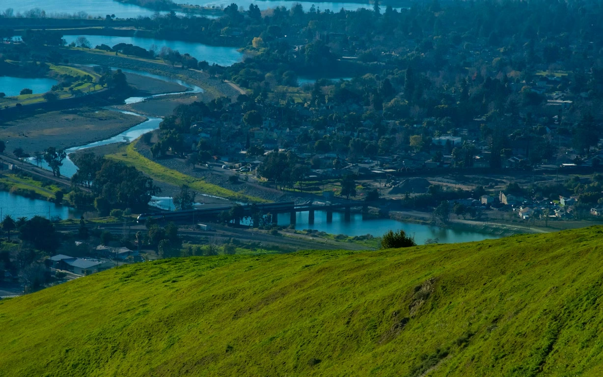 City and Alameda Creek viewed from Vargas Plateau Regional Park in Fremont, California