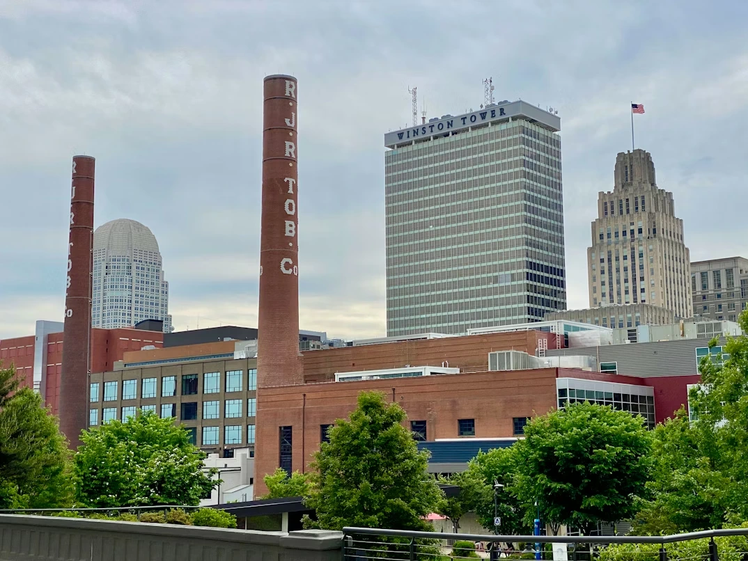 A view of the Bailey Power Plant and downtown skyline in Winston-Salem, North Carolina