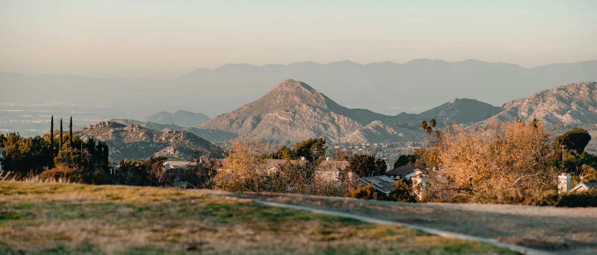 View of a mountain range from a hill in Riverside, California