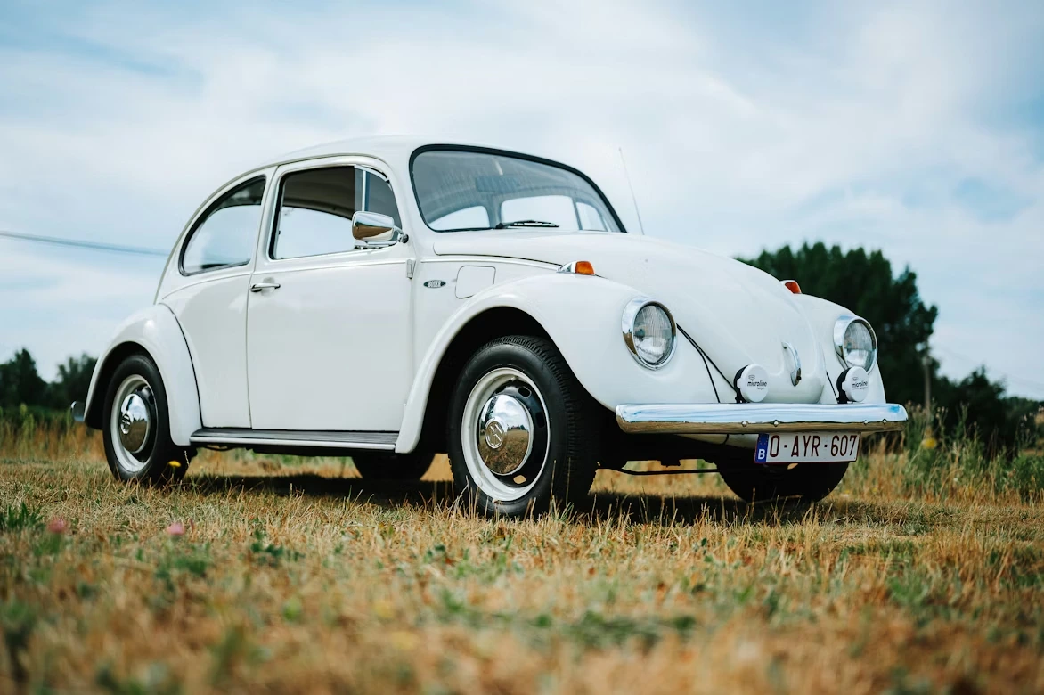 White Volkswagen Beetle parked in a sunny field in Belgium