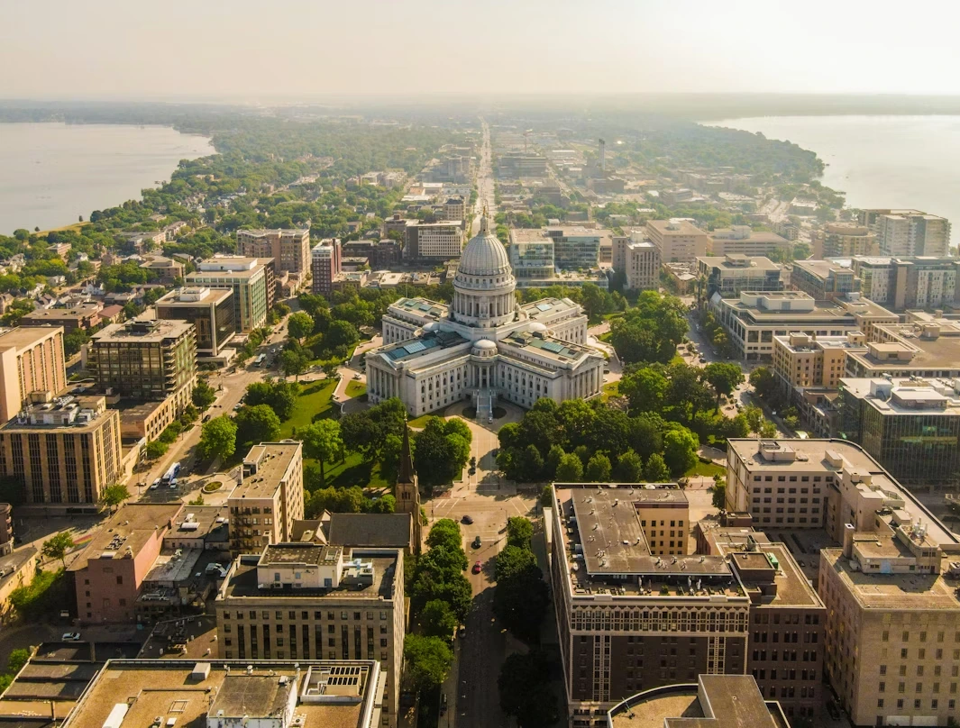 Aerial view of the Wisconsin State Capitol building and downtown in Madison, Wisconsin