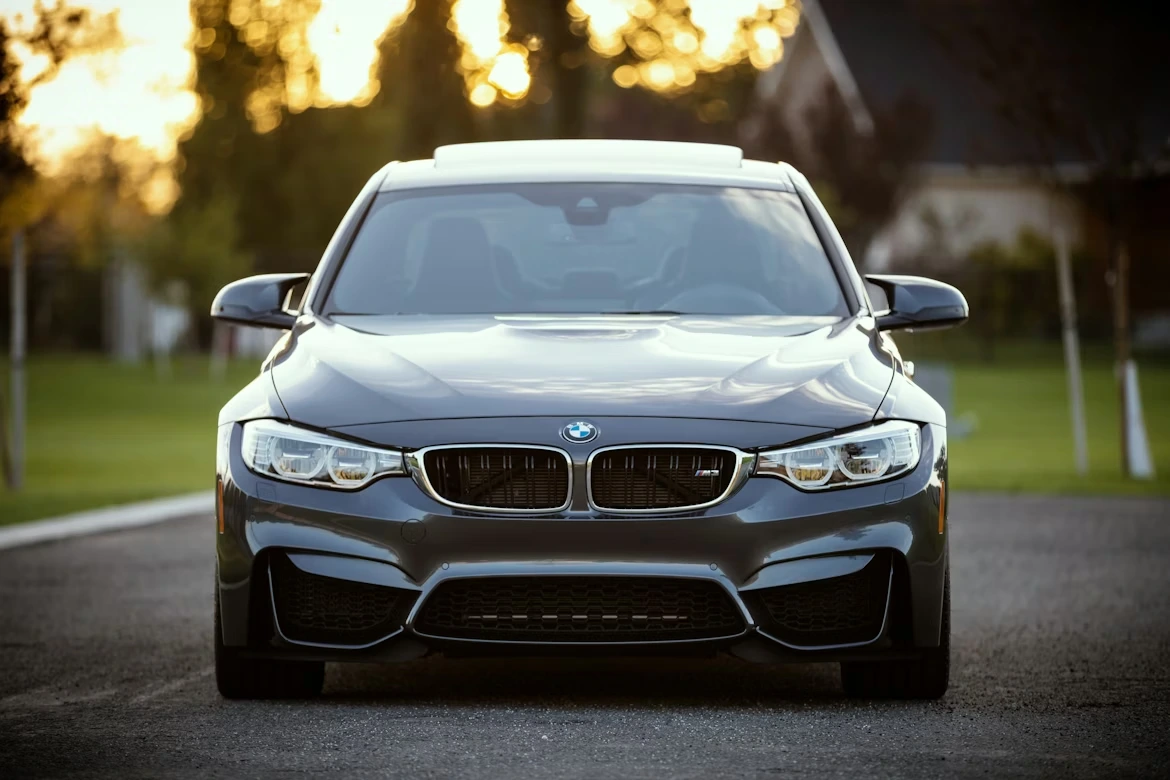 Black BMW car surrounded by a grass field at sunset