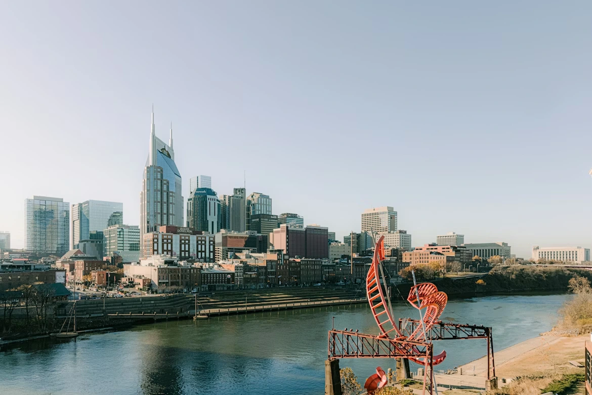 City skyline near the Cumberland River in Nashville, Tennessee