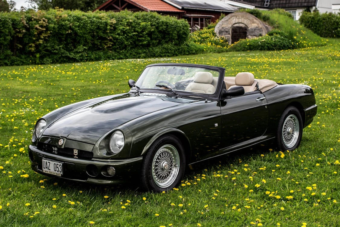 Classic convertible car in a blooming meadow