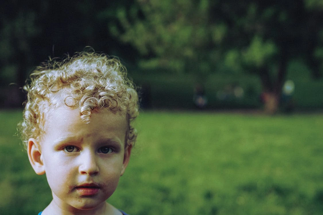 Curly-haired little boy on a green grass field
