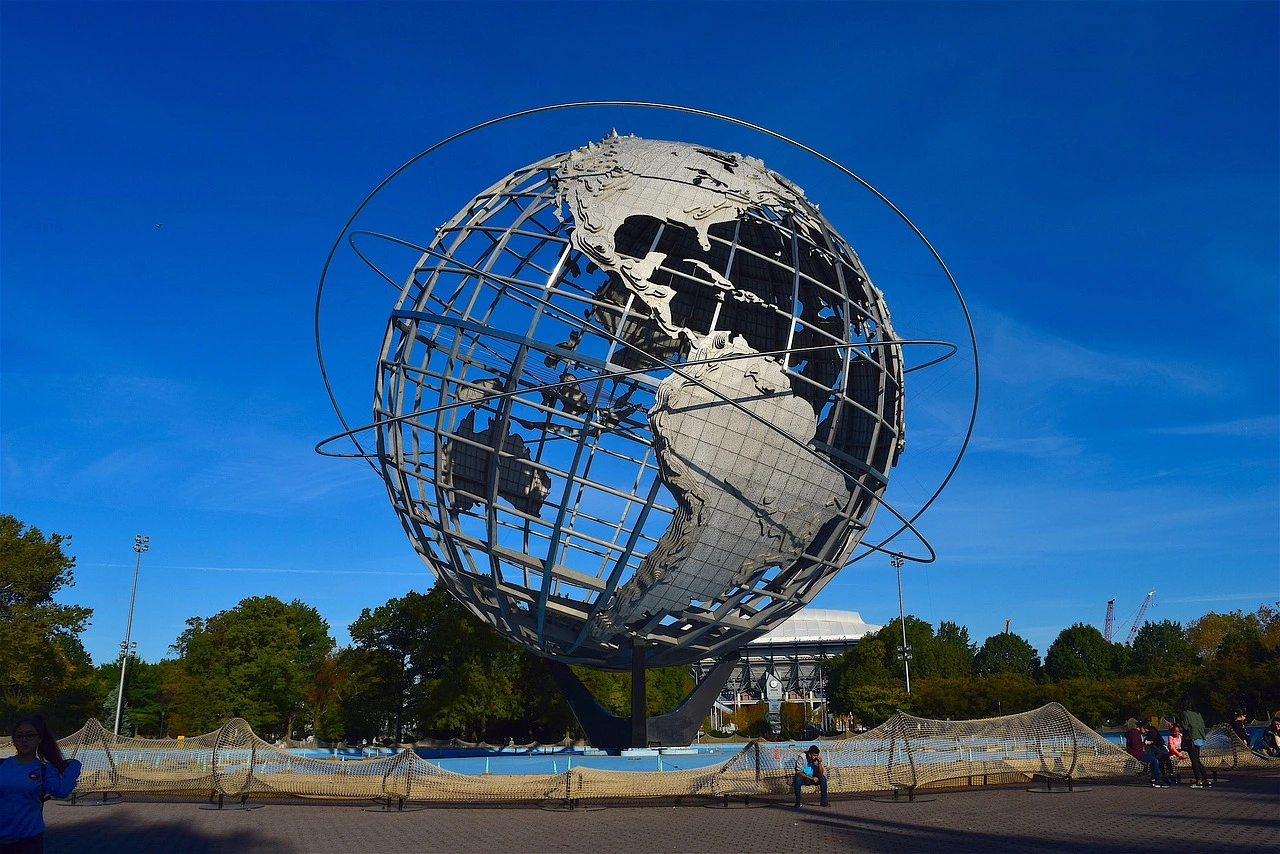 Globe sculpture in a park in Flushing, New York, made of metal with engraved continents