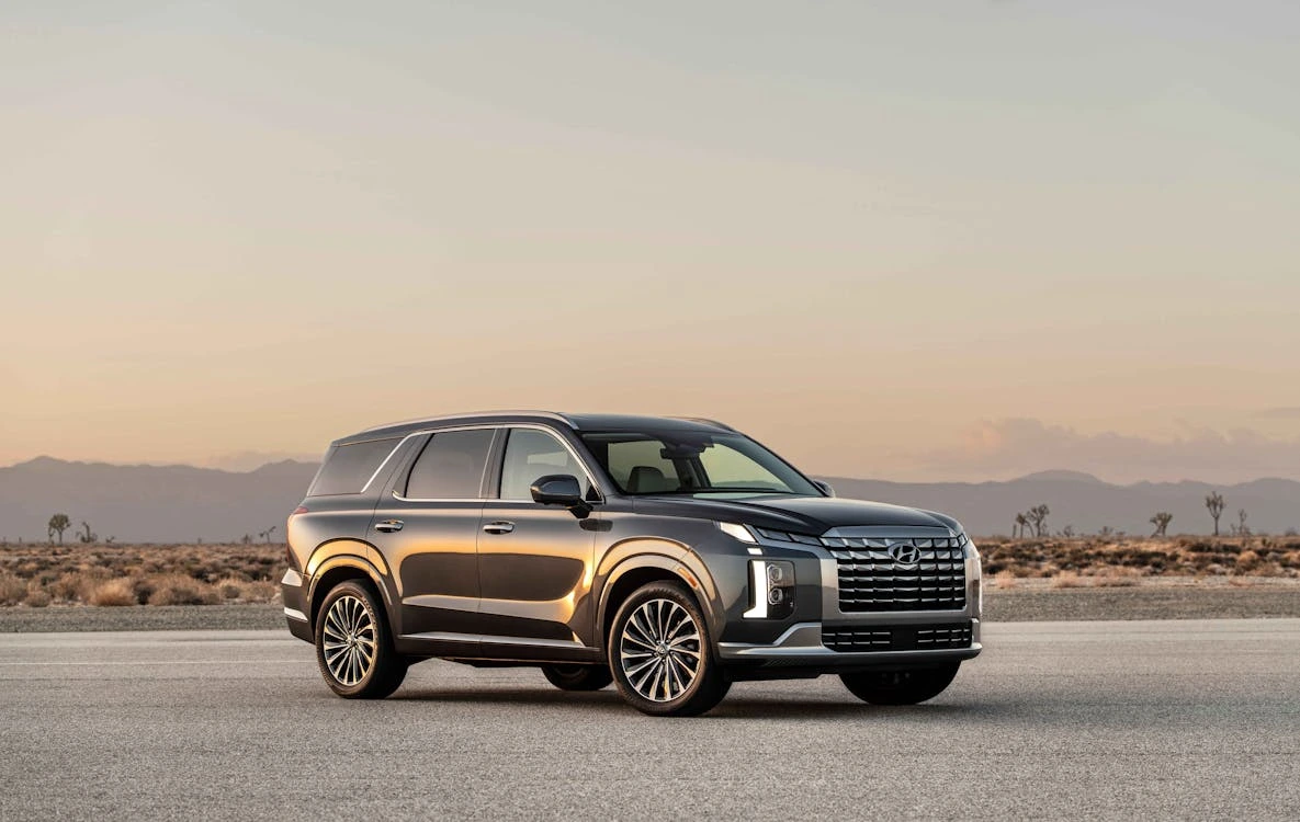 Parked Hyundai Palisade SUV at sunset on a desert road