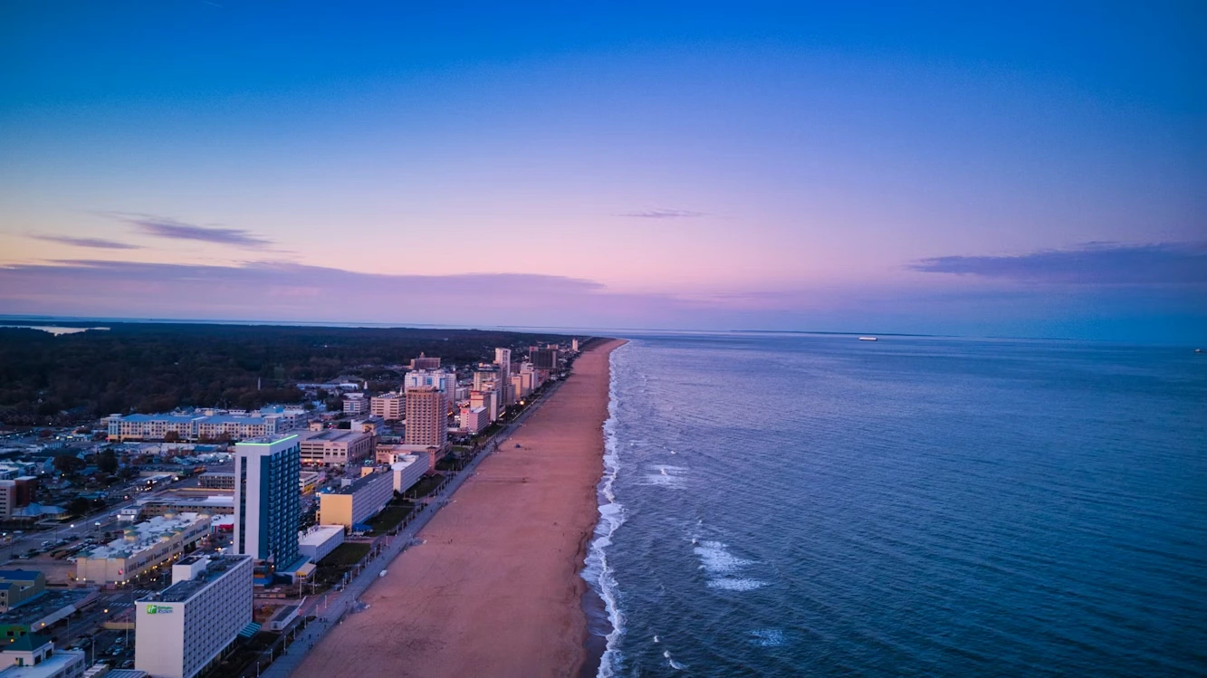 Seashore skyline at sunset along the Atlantic coast in Virginia Beach, Virginia