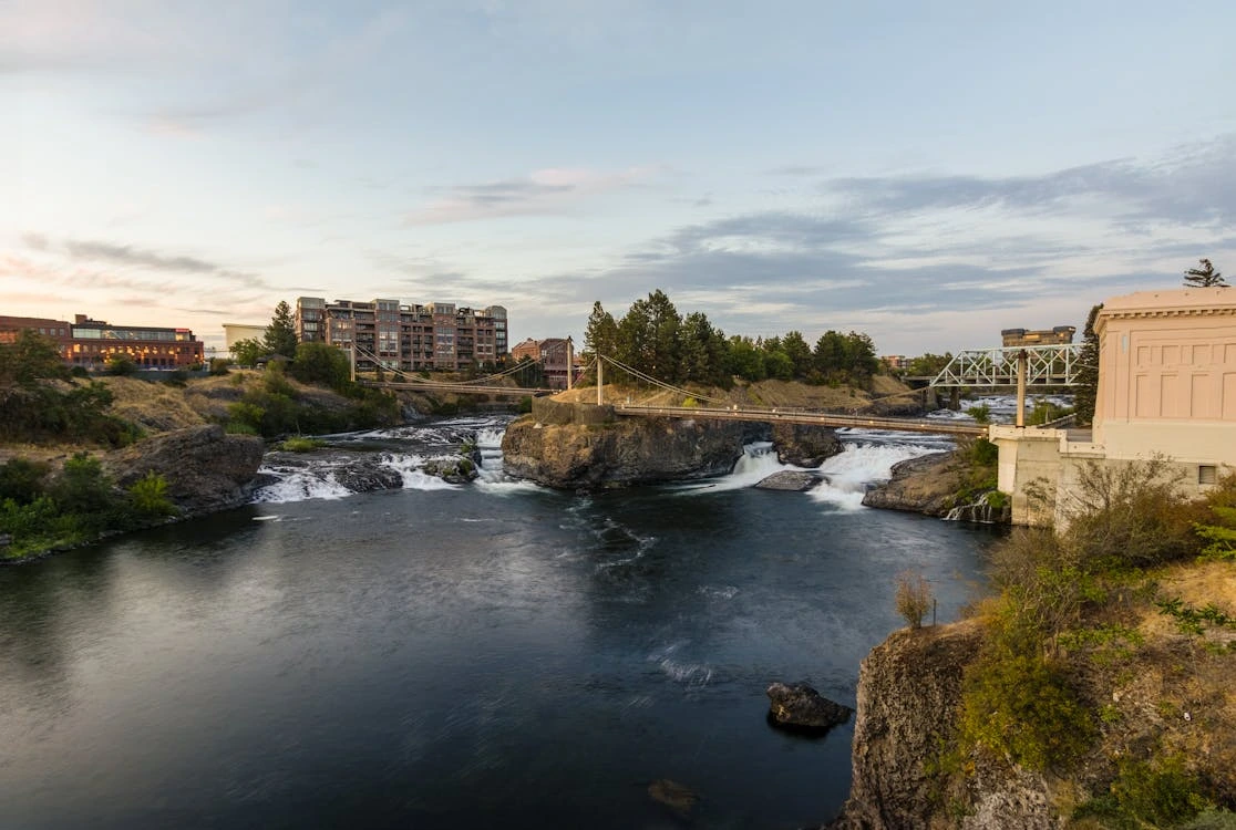 Scenic view of the Spokane River flowing through Spokane, Washington