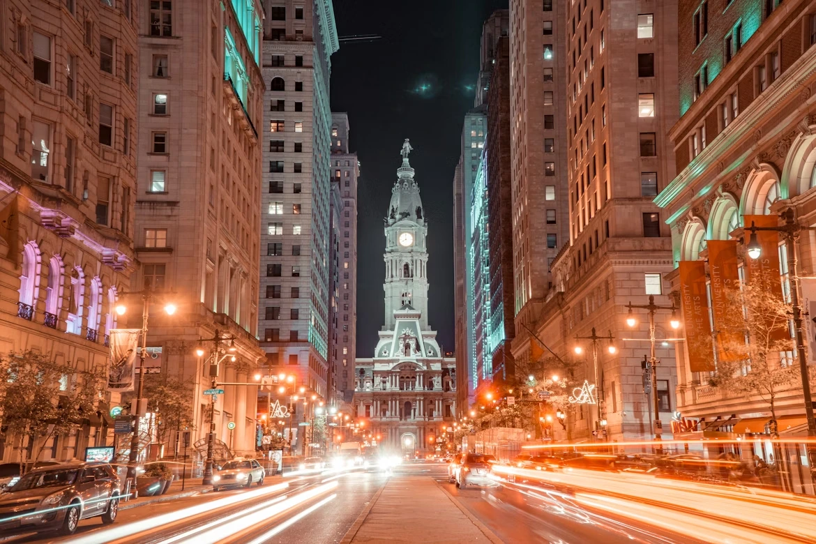 Timelapse photography of the city skyline at night in Philadelphia, Pennsylvania