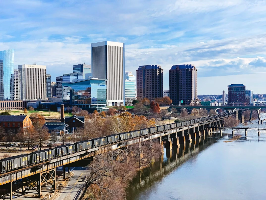 Wide-angle view of the Richmond skyline and waterfront in Richmond, Virginia